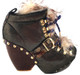 Women's Shoes, Irregular Choice platform ankle boot, Metallic gold & brown/black upper with faux fur, front lacing. Brass studs at bottom base.