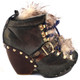 Women's Shoes, Irregular Choice platform ankle boot, Metallic gold & brown/black upper with faux fur, front lacing. Brass studs at bottom base.