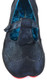 Front View: Women's Shoes, Women's Flats, Irregular Choice T-Strap flats, Metallic blue with red edging on bottom sole.