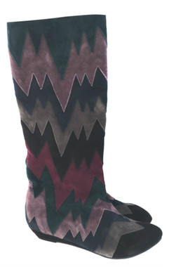 Women's Shoes, Women's Boots, knee high boots by Irregular Choice, Suede Chevron patchwork, Navy Grey and Navy multi colors. 1 1/4" wedge heel.