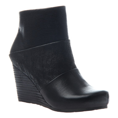 Side View. Women Shoes Online, Women's Shoes, Women's Boots. OTBT Dharma Bootie, Wedge Bootie, Mix leathers, 3" stacked wedge.