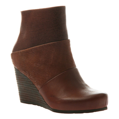 Side View. Women Shoes Online, Women's Shoes, Women's Boots. OTBT Dharma Bootie, Wedge Bootie, Acorn (Brown), Mix leathers, 3" stacked wedge.