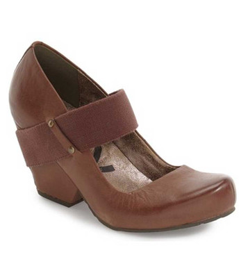 Top View. Women Shoes Online, Women's Shoes, Women's Wedge MaryJane. OTBT Bespoke Heeled Wedge with Fabric Strap. Metal stud details. Color Tuscany (brown).