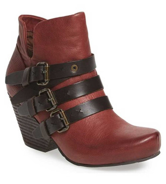 Side View. Women Shoes Online, Women's Shoes, Women's Boots. OTBT Lasso Bootie, Wedge heeled Bootie with multi-straps. 2.91" heel height and .5" platform. Color Red Oak (deep red), Black Straps, with antique brass hardware.