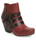 Side View. Women Shoes Online, Women's Shoes, Women's Boots. OTBT Lasso Bootie, Wedge heeled Bootie with multi-straps. 2.91" heel height and .5" platform. Color Red Oak (deep red), Black Straps, with antique brass hardware.