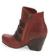 Side Inside View. Women Shoes Online, Women's Shoes, Women's Boots. OTBT Lasso Bootie, Wedge heeled Bootie with multi-straps. 2.91" heel height and .5" platform. Color Red Oak (deep red), Black Straps, with antique brass hardware.