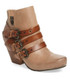 Side View. Women Shoes Online, Women's Shoes, Women's Boots. OTBT Lasso Bootie, Wedge heeled Bootie with multi-straps. 2.91" heel height and .5" platform. Color Pecan (nude), Brown Straps, with antique brass hardware.
