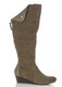 Profile Side View: Women Shoes Online, Women's Shoes, Women's Boots, Nicole Paris Boot, Knee Hight boot with center back zipper and contrast panel and fold-over flap. Suede upper, 2" wooden wedge heel, Color Grey suede.
