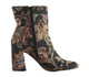 Inside view: Patchwork places by Poetic Licence. Brocade floral fabric upper, retro mid calf boot, square heel and tapered toe. Black Floral brocade fabric.