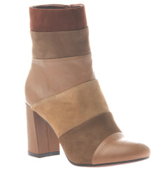 Quarter side view: Patchwork places by Poetic Licence. Leather upper, retro mid calf boot, square heel and tapered toe. Shades of tan to brown. Color New Mud.