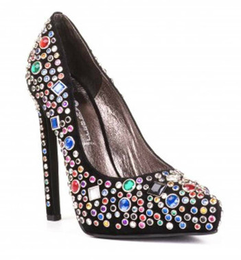 Quarter View: Women's Shoes, Women's Stiletto Pumps, Jeweled pump with multi-colored jewel, Jeffery Campbell Ouzel, Size 9.5, Black Suede