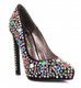 Quarter View: Women's Shoes, Women's Stiletto Pumps, Jeweled pump with multi-colored jewel, Jeffery Campbell Ouzel, Size 9.5, Black Suede