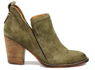 Side View: Women's Shoes, Women's Bootie, Burman 2 in Khaki (green) Suede, Soft suede upper, elastic insert, 3" stacked wooden heel.