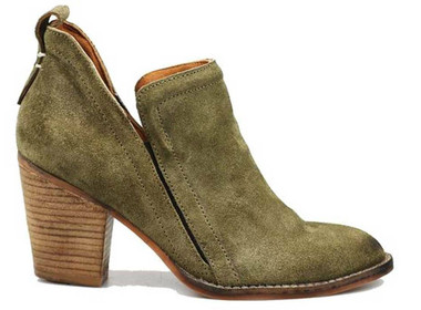 Side View: Women's Shoes, Women's Bootie, Burman 2 in Khaki (green) Suede, Soft suede upper, elastic insert, 3" stacked wooden heel.