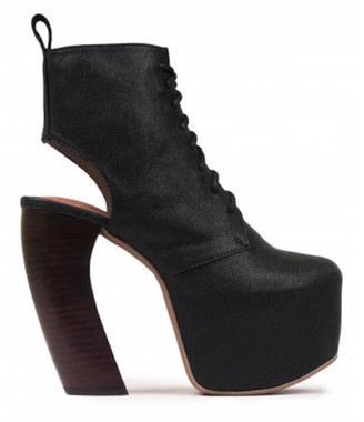 Side View: Women's Shoes, Women's Boot, Platform Bootie with curved wooden heel. Jeffrey Campbell Lana Boot. Black leather upper. 5" heel and 2.25" platform, Size 6