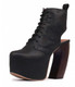 Quarter View: Women's Shoes, Women's Boot, Platform Bootie with curved wooden heel. Jeffrey Campbell Lana Boot. Black leather upper. 5" heel and 2.25" platform, Size 6