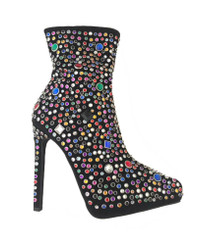 Quarter View: Women's Shoes, Women's Boot, Stiletto Boot with multi-colored jewels. Jeffrey Campbell Vain Boot. Black suede upper. 5" heel and 1" platform, Size 5.5