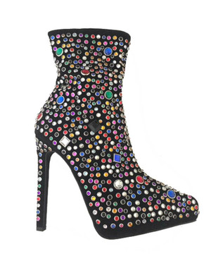 Quarter View: Women's Shoes, Women's Boot, Stiletto Boot with multi-colored jewels. Jeffrey Campbell Vain Boot. Black suede upper. 5" heel and 1" platform, Size 5.5