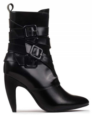 Side View: Women's Shoes, Women's Boot, Stiletto Boot with multi-buckled straps. Jeffrey Campbell Destroyer. 4" curved heel, patent leather upper. Size 10M