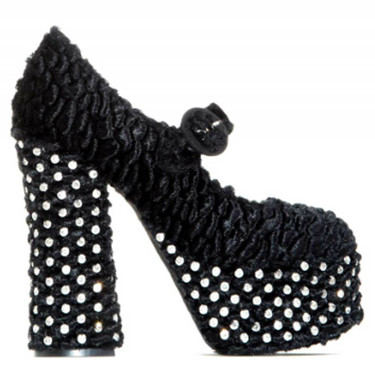 Side View: Women's Shoes, Women's Mary Jane, Chunky Platform Mary Jane with decorated crystals. Boucle fabric upper and crystal jewels. Black, Size 6.