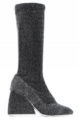 Side View: Women's Shoes, Jeffrey Campbell Esteban, Mid Calf Knit Lame boot, Square 4" block heel and Silver and black lame knit upper. Size 9. 