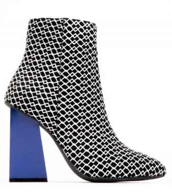 Side View: Women's Shoes, Jeffrey Campbell Tarot, mid ankle boot with rubber printing, blue square heel, Color Black White, with Blue heel, size 6.5