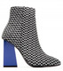 Side View: Women's Shoes, Jeffrey Campbell Tarot, mid ankle boot with rubber printing, blue square heel, Color Black White, with Blue heel, size 6.5