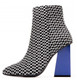 OutSide View: Women's Shoes, Jeffrey Campbell Tarot, mid ankle boot with rubber printing, blue square heel, Color Black White, with Blue heel, size 6.5