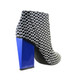 Back View: Women's Shoes, Jeffrey Campbell Tarot, mid ankle boot with rubber printing, blue square heel, Color Black White, with Blue heel, size 6.5