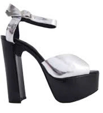 Side View: Women's Shoes, Jeffrey Campbell Orianna, Platform High Heel Sandal, Silver Lame Upper and Black Heel. 5" heel, 2" platform,  size 6.