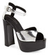 Quarter View: Women's Shoes, Jeffrey Campbell Orianna, Platform High Heel Sandal, Silver Lame Upper and Black Heel. 5" heel, 2" platform,  size 6.
