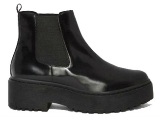 Side View: Women's Shoes, Women's Platform Boot, Jeffrey Campbell Universal, Platform Chelsea boot with rubber lug traction sole. 2" heel and 1.5" platform. Patent leather, leather lining, color Black. Size 10