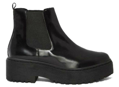 Side View: Women's Shoes, Women's Platform Boot, Jeffrey Campbell Universal, Platform Chelsea boot with rubber lug traction sole. 2" heel and 1.5" platform. Patent leather, leather lining, color Black. Size 10
