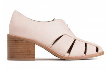 Side View: Women's Shoes, Women's Oxfords, Jeffrey Campbell Alonzo, Woven leather upper, stacked wooden heel, and leather lining. 2.5" heel. Color Natural, Size 6.