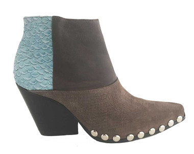 Side View: Women's Shoes, Women's Bootie, Jeffrey Campbell Deville Boot, Pointed toe mix fabric bootie, 3.5" wooden heel, studded base and color blocking. Color: Blue/Brown, Size 9