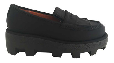 Side View: Women's Shoes, Women's Flatforms, Trumball by Jeffrey Campbell, Platform Loafers with Lug traction rubber sole, Neoprene upper, Color Black. Size 6