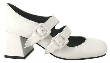 Side View: Women's Shoes, Women's Mary Janes, Jeffrey Campbell Bickle, Double Strap Mary Janes, Block 2.5" heel, Color White. Size 6