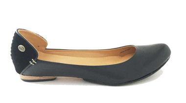 Side View. Women Shoes, Women's Wedge, Terra Plana Grass, Skimmer Flat. Leather upper with suede back. Flexible rubber traction sole. Color Black.