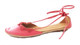 Quarter View. Women Shoes, Women's Flat Sandals, Taj by Terra Plana, Sustainable eco leathers, decorative front stitching, color red (salmon).