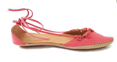 Side View. Women Shoes, Women's Flat Sandals, Taj by Terra Plana, Sustainable eco leathers, decorative front stitching, color red (salmon).