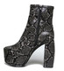 inside View: Women's Shoes, Women's Boots, Jeffrey Campbell Fiction Boot, Snake skin platform boots, Color: Black grey snakeskin, 5.5" heel and 2.25" platform.