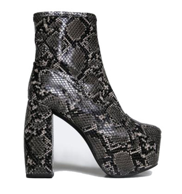 Side View: Women's Shoes, Women's Boots, Jeffrey Campbell Fiction Boot, Snake skin platform boots, Color: Black grey snakeskin, 5.5" heel and 2.25" platform.