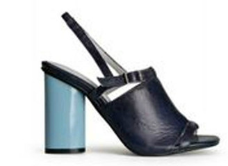 Side View: Women's Shoes, Women's Sandals, Jeffrey Campbell Lystra, slingback high heel sandal, Navy and light blue barrel heel. Size 8. Leather.