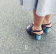 Lifestyle View: Women's Shoes, Women's Sandals, Jeffrey Campbell Lystra, slingback high heel sandal, Navy and light blue barrel heel. Size 8. Leather. Photo by Pinterest.