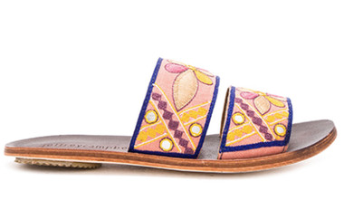 Side View: Women's Shoes, Women's Slides, Jeffrey Campbell Orlean, Artisan slide with embroidered fabric upper. Size 10. Color Coral Navy.