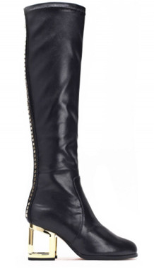 Side View: Women's Shoes, Women's Knee High Boot, Leather upper, Jeffrey Campbell Marq Mhh, Gold studs at centerback, Gold Cutout heel, Size 6. Color Black with Gold accents.