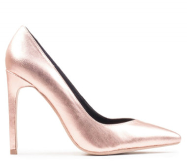 Side View: Women's Shoes, Women's Stiletto Pump, Jeffrey Campbell Plaza, Metallic Leather upper, 4.25" Heel, Color rose gold, Size 6