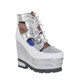 Quarter View: Women's Shoes, Women's Platform Sneaker, Silver and White, 5: heel, 2" platform. Leather upper with cut outs.