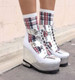 Body View: Women's Shoes, Women's Platform Sneaker, Silver and White, 5: heel, 2" platform. Leather upper with cut outs.