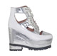 Side View: Women's Shoes, Women's Platform Sneaker, Silver and White, 5: heel, 2" platform. Leather upper with cut outs.